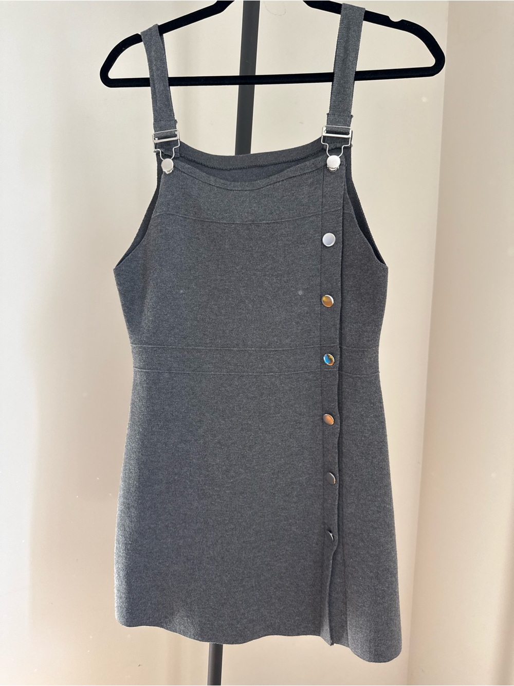 Girls' Charcoal Gray Pinafore Dress with Button Detail